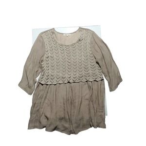 Indigo Soul LG Tan Tiered Gauzy 3/4 Sleeve Bohemian Crocheted Bodice Tunic Top